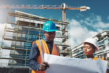Aufkleber - Construction, engineer or architect team with blueprint for building project, collaboration and architecture. Black woman and man together for engineering, planning and safety discussion outdoor