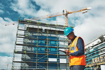 Poster - engineer, construction and a man with a tablet for project management, development and architecture.