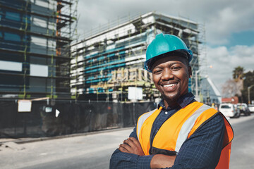 Poster - Construction, engineer and happy portrait of a black man outdoor at building site for development and architecture. Male contractor smile for project management, engineering and safety inspection