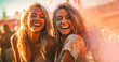 Group of friends having great time on music festival in the summer,Two young woman drinking beer and having fun at Beach party together. Happy girlfriends, Summer holiday, hipster girls vacation 