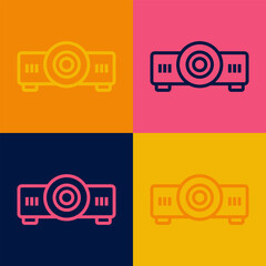 Poster - Pop art line Presentation, movie, film, media projector icon isolated on color background. Vector