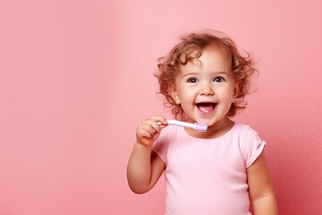 Happy smiling child kid girl brushing teeth with toothbrush on pink background. Health care, dental hygiene. Mockup, copy space. Image generated by AI