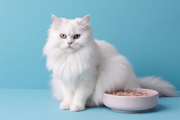 white cat sits and next to a bowl of food on a blue background, free space on the side