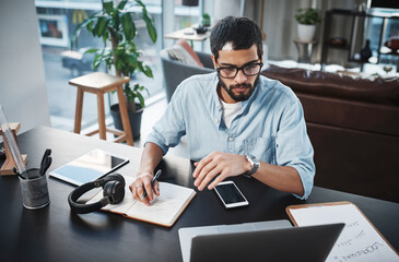 Aufkleber - Laptop, remote work and man doing research while working on a creative freelance project at his home. Technology, reading and male freelancer planning a business strategy on computer in living room.