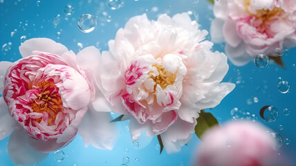 Wall Mural - beautiful flowers peonies floating on the water on a blue background. top view, flat lay. generative
