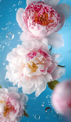 Wall Mural - beautiful flowers peonies floating on the water on a blue background. top view, flat lay. generative