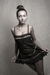 The beautiful girl in a short dress. b/w+ easy tone