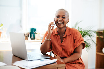 Poster - Phone call, communication and happy black woman with laptop for contact, connection and networking. Corporate office, business and female worker on smartphone for conversation, discussion and chat