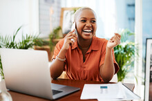 Phone Call, Laugh And Business Black Woman In Office For Contact, Connection And Network. Corporate, Communication And Happy Female Worker On Smartphone For Funny Conversation, Discussion And Chat