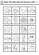 Find the odd one out. Under the sea black and white logical activity. Ocean life line educational quiz worksheet for kids for attention skills. Simple water animals coloring page.