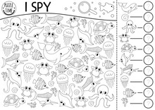 Under The Sea Black And White I Spy Game For Kids. Searching And Counting Line Activity With Fish, Whale, Octopus, Crab, Turtle, Jellyfish. Ocean Life Printable Worksheet. Simple Water Coloring Page.