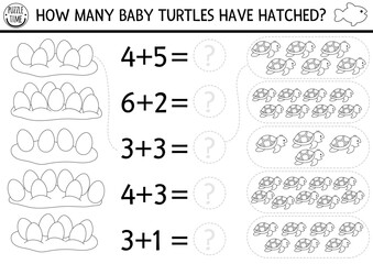 how many baby turtles have hatched game. under the sea black and white math addition activity or col