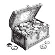 Chest with coins hand drawn sketch in doodle style illustration