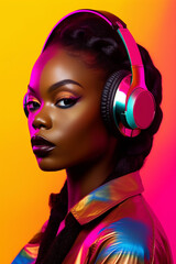 Wall Mural - Pretty young black woman wearing colorful headphones to listen to music for entertainment. generative ai