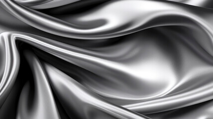 Soft, wavy folds on a shiny black and white silk satin fabric, background wallpaper.