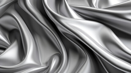 Soft, wavy folds on a shiny black and white silk satin fabric, background wallpaper.
