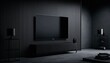 Mockup a TV wall mounted in a dark room with a black wall. Generative AI.