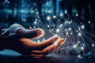 Poster - Close up of human hand on digital circuit board background 3D. Generative AI