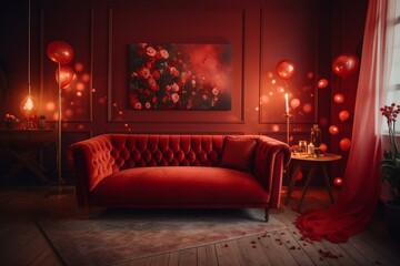 A Valentine's Day themed room with red sofa and decorations. Generative AI