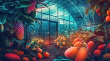 Wallpaper Of Fruits Production Inside Greenhouse And Storage  , Creative Idea And Artists Imagination Of Future Food Storing Industry, The Futuristic Idea Of Storing Foods In A Warehouse