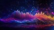 Neon sound wavel with vertical lines and particles falling from top, heavy glowing verticals lines for music video backgrounds, dj and vj graphics, Matrix background