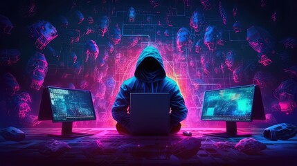 Hacker working in the darkroom, hacker trying to break cyber security 