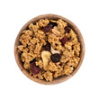 crunchy granola in wooden bowl isolated on white, muesli pile with nuts, cranberry and raisins close out, healthy eating concept