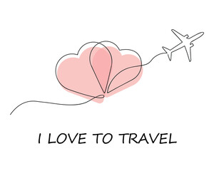 Wall Mural - Red hearts in sky and airplane drawn in one continuous line. Card with the text 