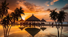  Sunset On  Tropical Beach Trees Plant On Sunset Beach Straw Umbrellas Tent On Front Sea Water ,generated Ai