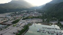 Aerial View Of Skagway, Southeast Alaska. Downtown, Terminal, Port. Popular Town To Visit, Travel Vacation Destinations. Klondike Gold Rush National Historical Park From Above. Early Morning