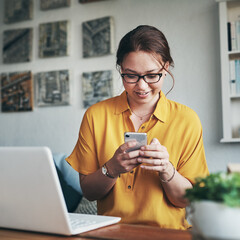 Aufkleber - Phone, app and search with woman in home office for networking, social media and remote worker. Communication, contact and internet with female freelancer for technology, blog and email planning