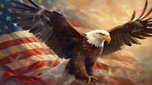 Flying American Eagle Hunting With Flag In The Background - Patriotic USA Theme For Memorial Day, Veterans Day, Or Fourth Of July Holidays - Generative AI