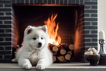Cozy Scene With A Small White Dog Enjoying The Warmth Of A Fireplace Generative AI