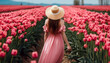 Young woman in pink dress and straw hat standing in blooming pink tulip field. Spring time. Generative ai