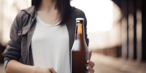 Poster - A woman holding a beer bottle in her hand. Generative AI image.