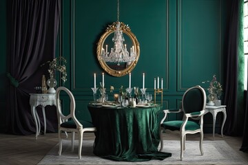 Canvas Print - luxurious dining room with green walls and an elegant chandelier Generative AI