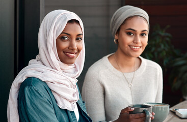 Sticker - Friends, portrait and muslim with women in cafe for drink, food and social. Happy, relax and culture with arabic female customer in Dubai restaurant for lunch, happiness and coffee meeting