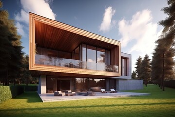 Poster - contemporary home with spacious front yard Generative AI