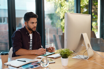 Poster - Graphic designer, computer and man with a drawing pen at desk while online for creativity or editor work. Male entrepreneur person at workplace with internet connection and pad for web design project