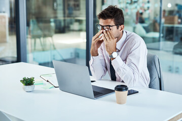 Poster - Stress, laptop and man with headache in office frustrated with glitch, mistake or crisis. Anxiety, migraine and male business person angry with fail, 404 or bad review, deadline report or burnout