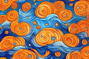 Sticker - an abstract painting with flowing orange and blue waves Generative AI