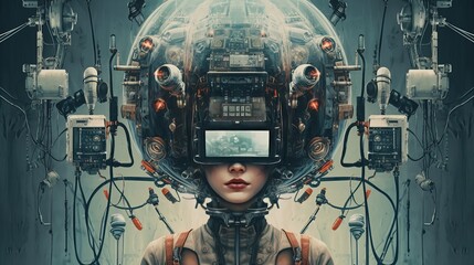 Woman head covered in electronic devices. Machine aesthetics. Cyberpunk surreal sci-fi illustration. Technology takeover concept. Generative AI.