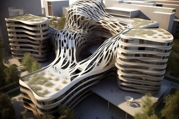 Poster - modern building with a spiral structure on its roof Generative AI