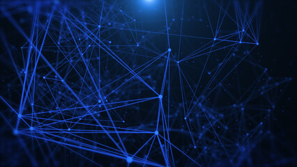 Leinwandbilder - Abstract low polygonal blue cyberspace network connection flowing and moving object from left to right side. Plexus structure with horizontal flickering lens flare illustration background.