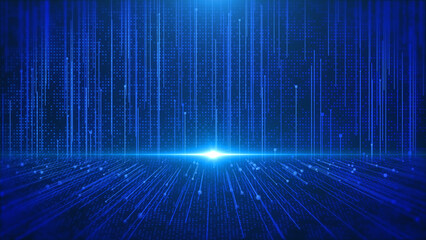 Fototapete - Technology blue line flow up and fly through moving in cyberspace concept. Big data stream line data transmission 3d futuristic illustration background