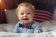 A baby dressed in clothing emblazoned with patriotic symbols smiles over an American flag. Ai generated.