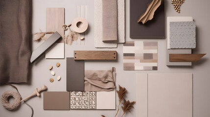 Creative flat lay composition with textile and paint samples, panels and cement tiles. Stylish interior designer moodboard. Light beige and gray color palette. Copy space. Template.
