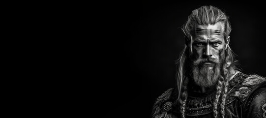 Black and white photorealistic studio portrait of a viking warrior on black background