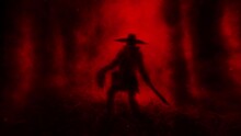 Scary Bounty Hunter With Machete. Ruins Of An Ancient Temple With Bones. Horror Fantasy Genre. Creepy Short Film For Spooky Halloween. Animated Video Clip. Vj Loop. Red And Black Abstract Background.