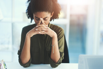 Poster - Headache, frustrated and business woman in office with problem, mistake and working on deadline. Burnout, anxiety and African female worker with worry, stressed out and migraine thinking of solution